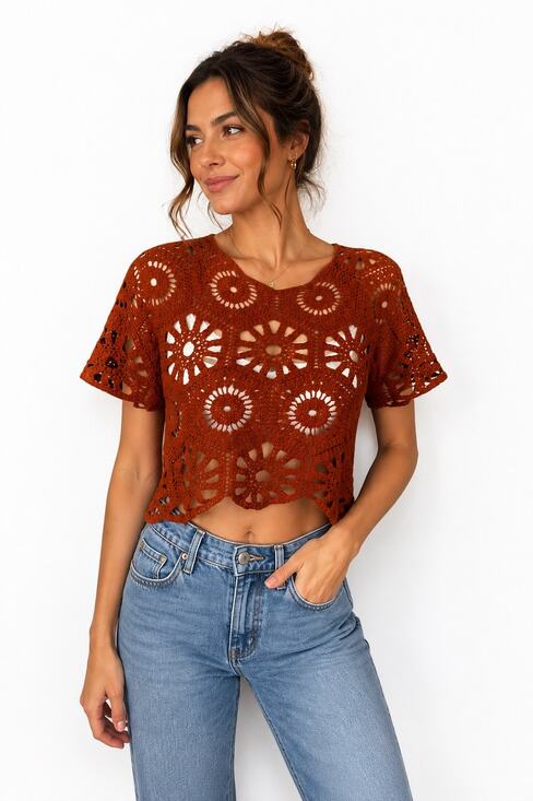 Rebellion Again Tops - Rebellion Again Rust Orange Crochet Crop Top Small